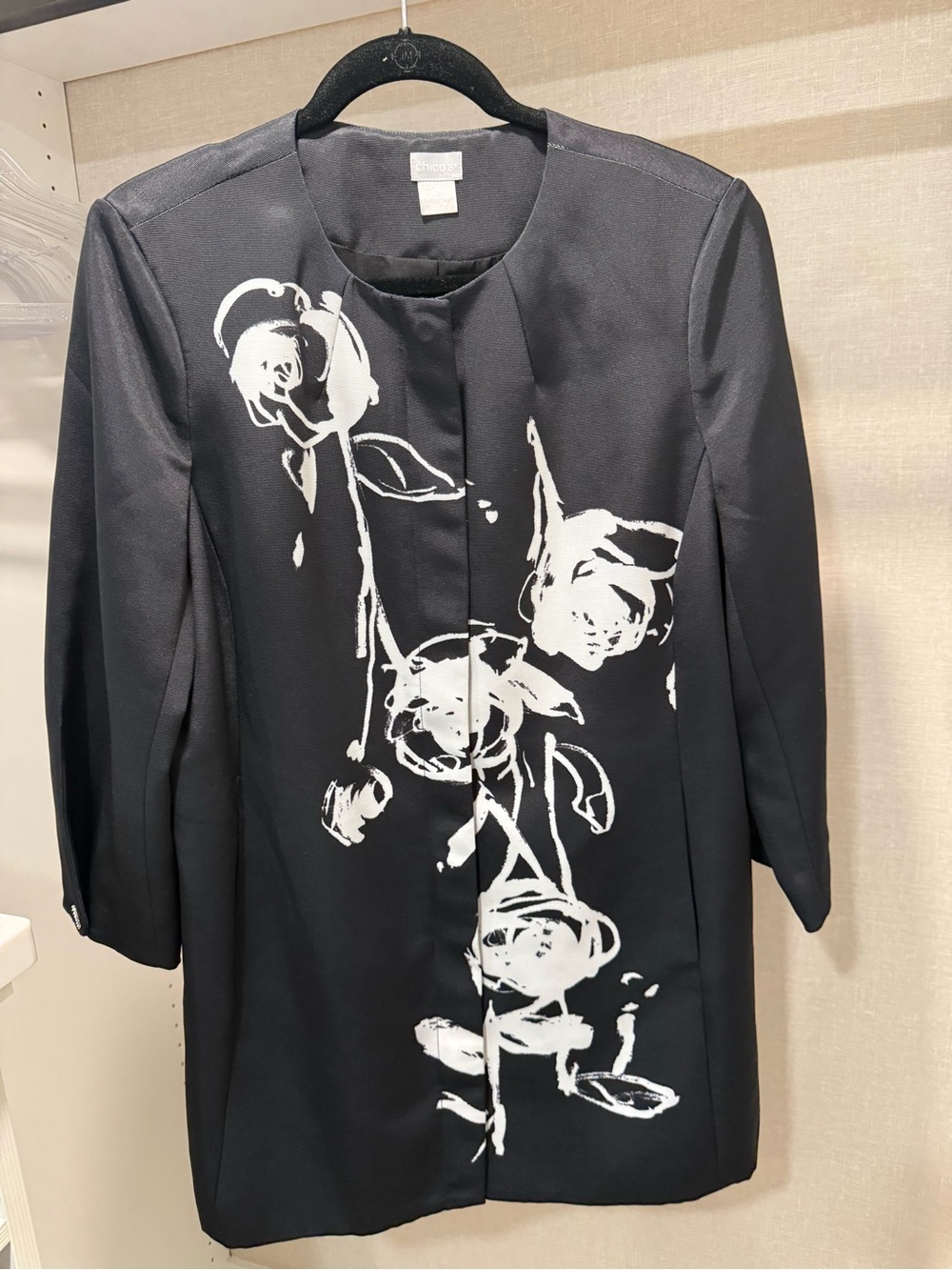 Worn once - Chico's Black Long Blazer with White Floral Print
